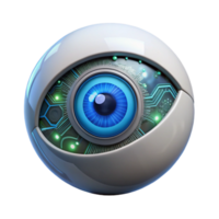 stunning abstract A cybernetic eye, iris glowing with digital data, intricate circuitry visible, cyberpunk and biomechanical style high resolution png