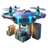 elegant modern A futuristic drone delivering a package, sleek design with glowing lights, flying through a cityscape, cyberpunk style detailed png