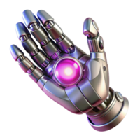 beautiful artistic A robotic hand, chrome and intricately detailed, reaching out towards a glowing orb of energy. Cyberpunk style, neon lighting high quality png