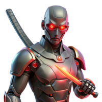 vibrant creative A cyborg with glowing red eyes, holding a futuristic katana, intricate circuitry visible beneath their damaged skin. Cyberpunk style, cinematic lighting authentic png