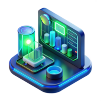 stunning creative A holographic interface, displaying complex data and diagrams, glowing with blue and green light. Cyberpunk style, neon lighting professional png