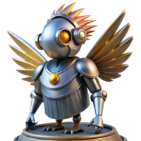 serene classic A robot with a bird-like head, intricate feathers made of metal, perched on a futuristic building. Steampunk style, dramatic lighting high resolution png