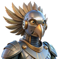 magnificent traditional A robot with a bird-like head, intricate feathers made of metal, perched on a futuristic building. Steampunk style, dramatic lighting professional png