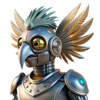 impressive creative A robot with a bird-like head, intricate feathers made of metal, perched on a futuristic building. Steampunk style, dramatic lighting premium png