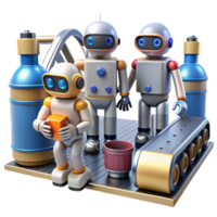 vibrant abstract A group of robots, diverse in design and function, working together in a futuristic factory. Hyperrealistic, industrial lighting genuine png