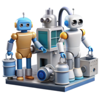 serene vintage A group of robots, diverse in design and function, working together in a futuristic factory. Hyperrealistic, industrial lighting professional png