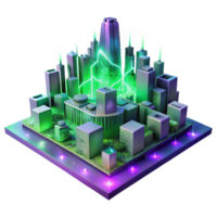 dramatic vintage A futuristic cityscape composed entirely of interconnected circuit boards and glowing data streams, illuminated by a vibrant purple and green aurora. Cyberpunk style authentic png