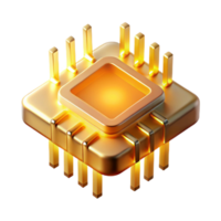 serene creative A single, levitating microchip emitting beams of golden light, intricate details of its surface visible, lit by a warm, directional light. Photorealistic style high quality png
