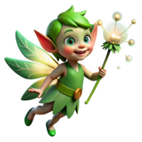stunning traditional A mischievous pixie with glowing emerald eyes, holding a dandelion seedhead, surrounded by swirling fireflies. Soft lighting, whimsical style detailed png