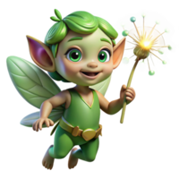 extraordinário criativo uma pernicioso duende com brilhando esmeralda olhos, segurando uma dente de leão cabeça de semente, cercado de rodopiando vagalumes. suave iluminação, caprichoso estilo exclusivo png