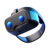 impressive modern A virtual reality headset floating in mid-air, sleek black design, soft blue light emanating from the lenses, product photography style high quality png