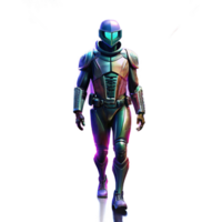 beautiful minimalist A solitary figure in a futuristic armored suit walking through a neon-drenched alleyway, rain reflecting the vibrant colors, a sense of power and intimidation 4K png