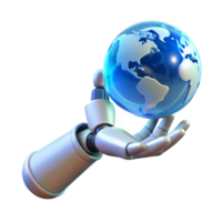 elegant classic A robotic hand reaching out to touch a holographic projection of the Earth, lit by a soft, blue global light. Conceptual, futuristic style high quality png