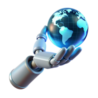 magnificent modern A robotic hand reaching out to touch a holographic projection of the Earth, lit by a soft, blue global light. Conceptual, futuristic style authentic png