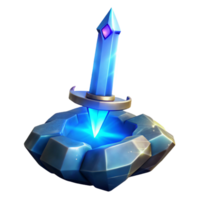 dramatic classic A powerful enchanted sword, embedded in a stone, pulsating with a vibrant blue aura, illuminated by a celestial beam of light. Digital art style high resolution png