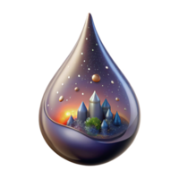 serene rustic A single teardrop containing a miniature city falls through a void of swirling nebulae. Surrealism style, dramatic contrasting light high resolution png