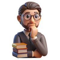 magnificent artistic Portrait of a contemplative scholar with spectacles perched on his nose, a thoughtful expression, and a stack of books beside him, lit by warm lamplight 4K png