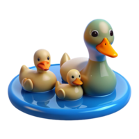 magnificent classic A family of ducks swimming in a pond, reflecting the clear blue sky, peaceful and serene style 4K png