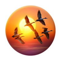 impressive creative A flock of geese flying in V-formation, silhouetted against a vibrant sunset, dramatic and inspiring style original png