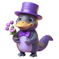 beautiful contemporary A shy, purple platypus wearing a top hat and holding a bouquet of flowers, lit by a soft, romantic moonlight, illustrated in a whimsical, storybook cartoon style detailed png