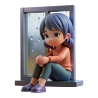 stunning vintage A melancholic anime girl sitting by a window, gazing at the rain, soft lighting, emotional anime style, introspective pose 4K png