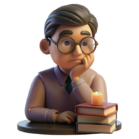 serene rustic Portrait of a contemplative scholar with spectacles perched on his nose, a thoughtful expression, and a stack of books beside him, lit by warm lamplight high resolution png
