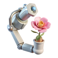 elegant minimalist A robotic arm holding a delicate flower, contrasting the mechanical and organic, soft, diffused lighting premium png