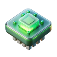 impressive artistic A single, glowing microchip levitating, intricate circuitry visible within its transparent casing, bathed in an ethereal green light detailed png
