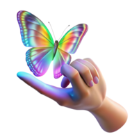beautiful minimalist A human hand reaching out to touch a holographic, fractalized butterfly, bathed in iridescent rainbow light, Digital Art style high quality png