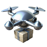serene minimalist A futuristic drone delivering a package, sleek aerodynamic design, metallic silver finish, bright daylight, photorealistic style exclusive png