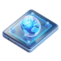 dramatic minimalist A transparent tablet displaying a holographic map of the world, futuristic design, sleek aesthetic detailed png