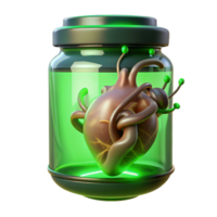 dramatic classic A grotesque, fleshy heart pulsating in a jar of formaldehyde, illuminated by an eerie green light, with wires attached to it. Body horror style professional png