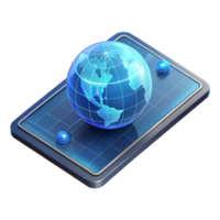 elegant creative A transparent tablet displaying a holographic map of the world, futuristic design, sleek aesthetic premium png