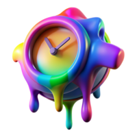 extraordinary creative A melting clock dripping vibrant rainbow hues onto a tessellated surface of morphing geometric shapes, lit by a pulsating black light, Surrealism style detailed png
