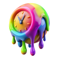 magnificent creative A melting clock dripping with rainbow-colored liquid, in a surrealist style, premium png