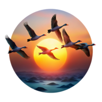 dramatic abstract A flock of geese flying in V-formation, silhouetted against a vibrant sunset, dramatic and inspiring style high resolution png