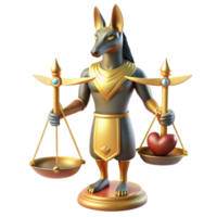 wonderful contemporary Anubis, the jackal-headed god, weighing a heart against a feather on golden scales, hieroglyphs etched on the scales, ancient Egyptian art style original png