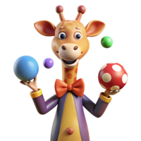 beautiful artistic A nervous giraffe wearing a bow tie and juggling colorful balls, spotlighted under bright, circus lights, drawn in a rubber hose animation style high resolution png