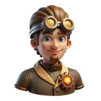 wonderful contemporary Portrait of a steampunk inventor with goggles and gears, lit by flickering gaslight, steampunk art style authentic png