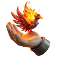 stunning modern A withered hand conjuring a miniature phoenix from ruby red embers, backlit by a fiery sunset glow, in a gritty realism style high quality png