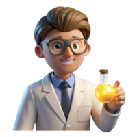beautiful contemporary Portrait of a thoughtful scientist with spectacles and a lab coat, holding a beaker, lit by a bright lab light, in a realistic style detailed png