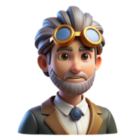elegant artistic Portrait of an eccentric inventor with goggles and gears, illuminated by the warm light of a steampunk workshop, rendered in a cartoonish style high resolution png