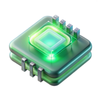 dramatic abstract A single, glowing microchip levitating, intricate circuitry visible within its transparent casing, bathed in an ethereal green light high quality png