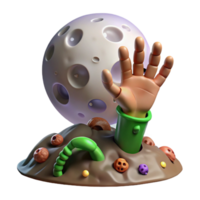 magnificent contemporary A decaying zombie hand reaching out from a muddy grave, illuminated by a full moon, with worms wriggling on its flesh. George A. Romero style high quality png