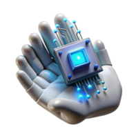 vibrant contemporary A close-up of a cybernetic hand holding a glowing data chip, intricate wiring and metallic components visible, lit by a cool blue light 4K png