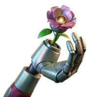 dramatic classic A decaying robot hand clutching a wilting flower, illuminated by dim grey light, in a post-apocalyptic style detailed png