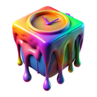 elegant classic A melting clock dripping vibrant rainbow hues onto a tessellated surface of morphing geometric shapes, lit by a pulsating black light, Surrealism style detailed png