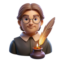 elegant modern Portrait of a pensive writer with spectacles and a quill pen, illuminated by warm candlelight, in a vintage style premium png