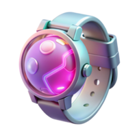 beautiful modern A futuristic, sleek silver and neon pink smartwatch displaying holographic planet Earth, glowing with internal light, cyberpunk style professional png