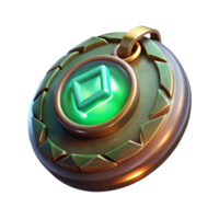 serene classic A hovering ancient amulet inscribed with glowing runes, emitting a soft green light, under a soft spotlight, in a fantasy RPG art style 4K png